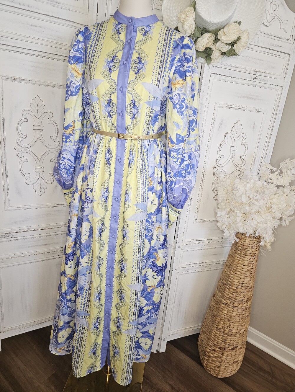 White Sandstorm Kalliope Floral Blue & Yellow Long Puffed Sleeve Maxi Dress - Picture 1 of 14